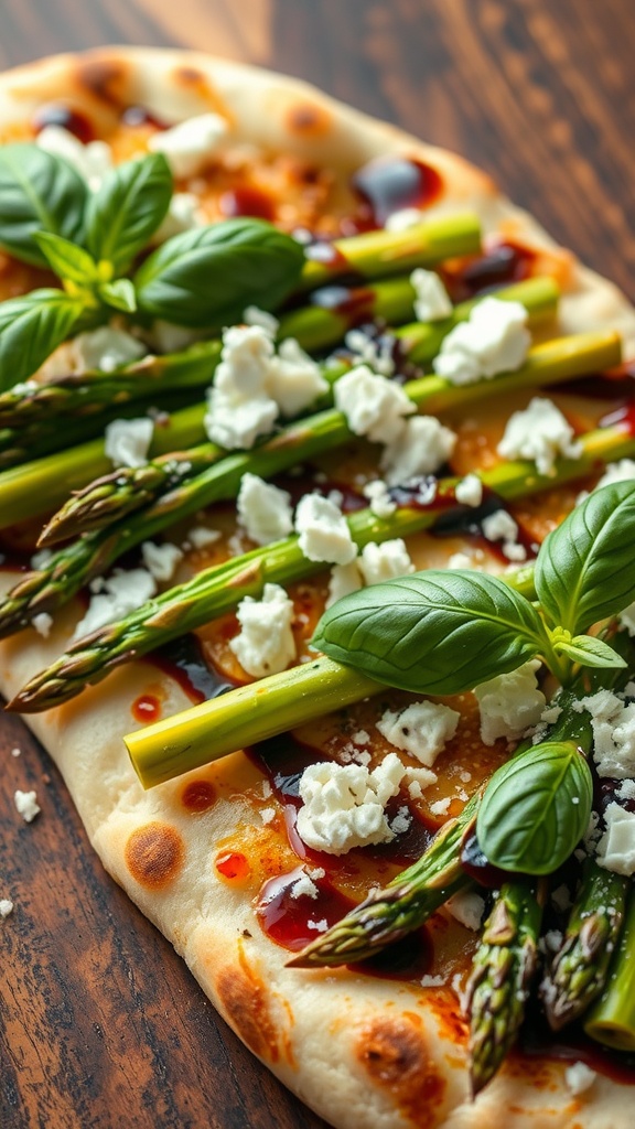 Asparagus and Goat Cheese Naan Pizza Recipe Asparagus naan pizza topped with goat cheese and drizzled with balsamic glaze on a wooden table.